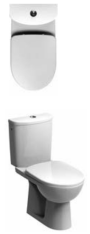WC komplektas: pastatomas WC puodas su paslėptu nuotekų pajungimu, su nuplovimu M33200; ovalus bakelis 6/3l, su šoniniu vandens padavimu M34010; WC dangtis, kietas M30111(medžiaga - duroplastas, metaliniai vyriai)